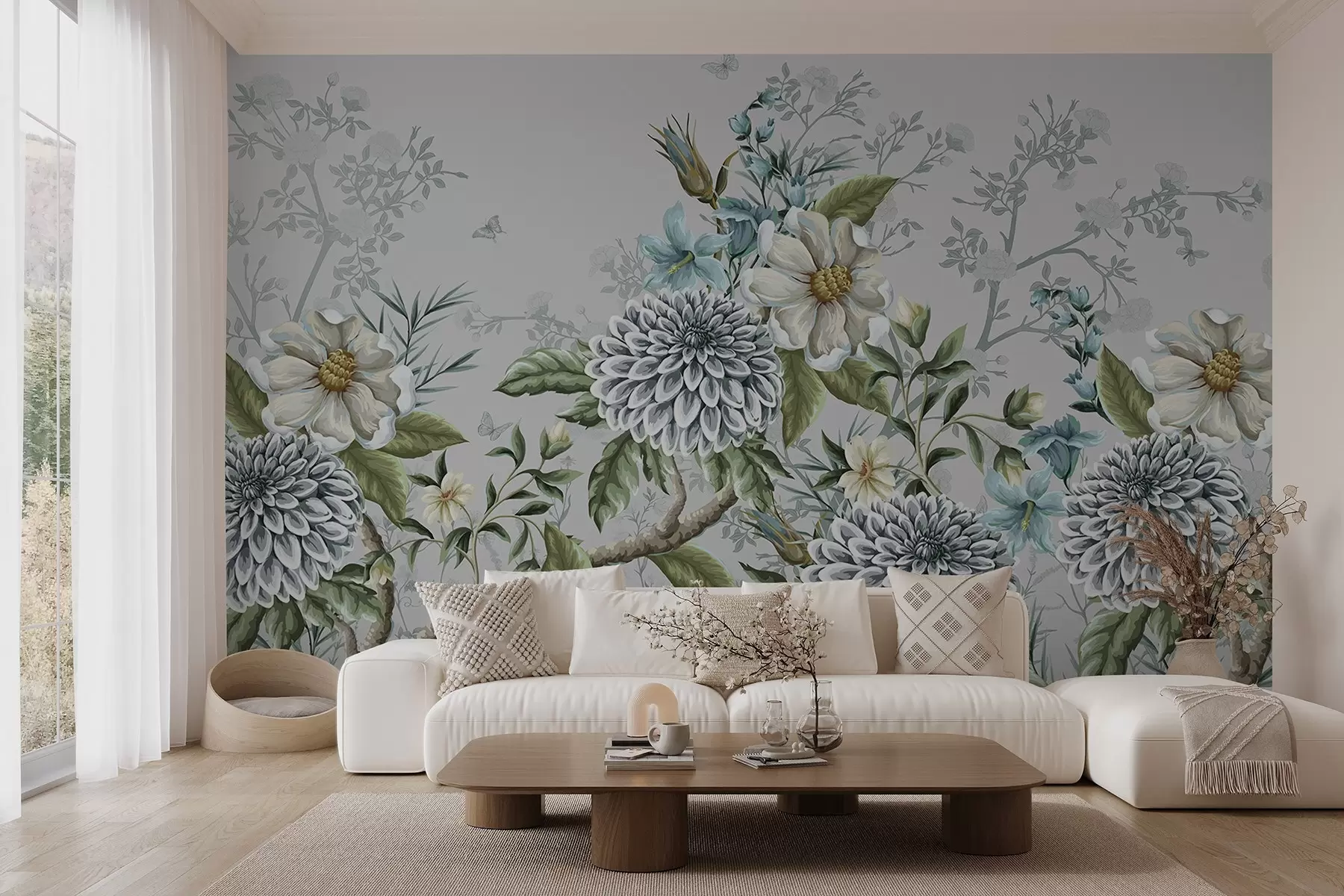 murales de pared Un estampado floral con crisantemos, delicadas flores azules y hojas verdes entrelazadas con ramas  w08782