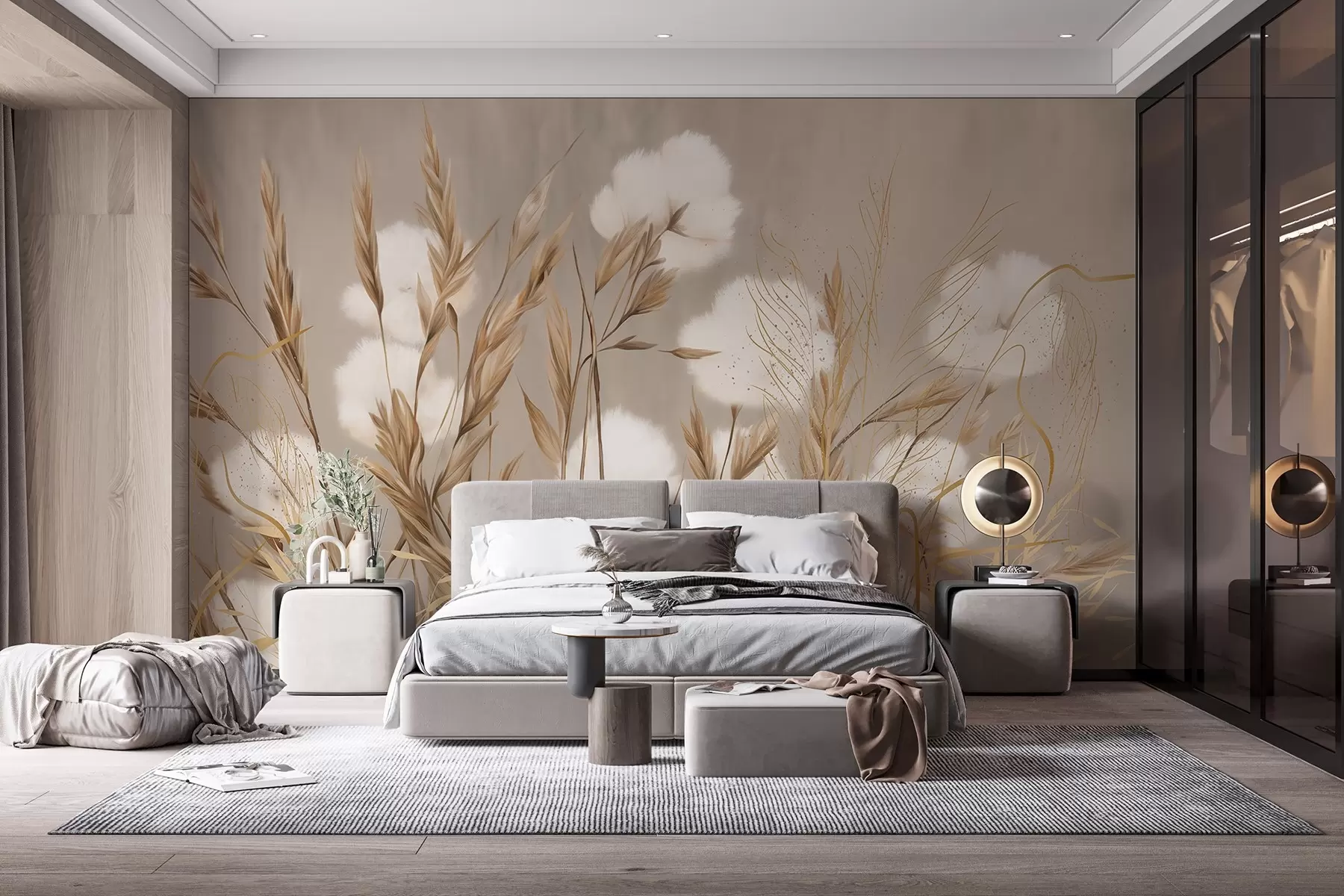 murales de pared Flores blancas de algodón suave y esponjoso y altas espiguillas de hierba anaranjadas sobre un fondo beige de textura apagada w08784