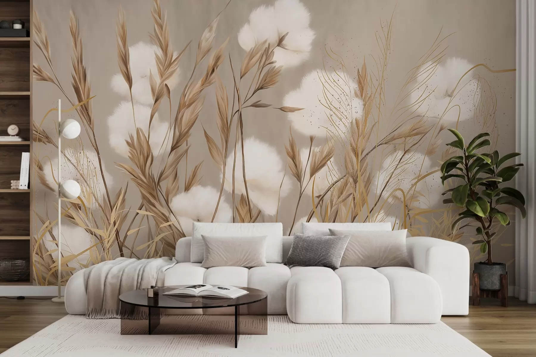 murales de pared Flores blancas de algodón suave y esponjoso y altas espiguillas de hierba anaranjadas sobre un fondo beige de textura apagada w08784