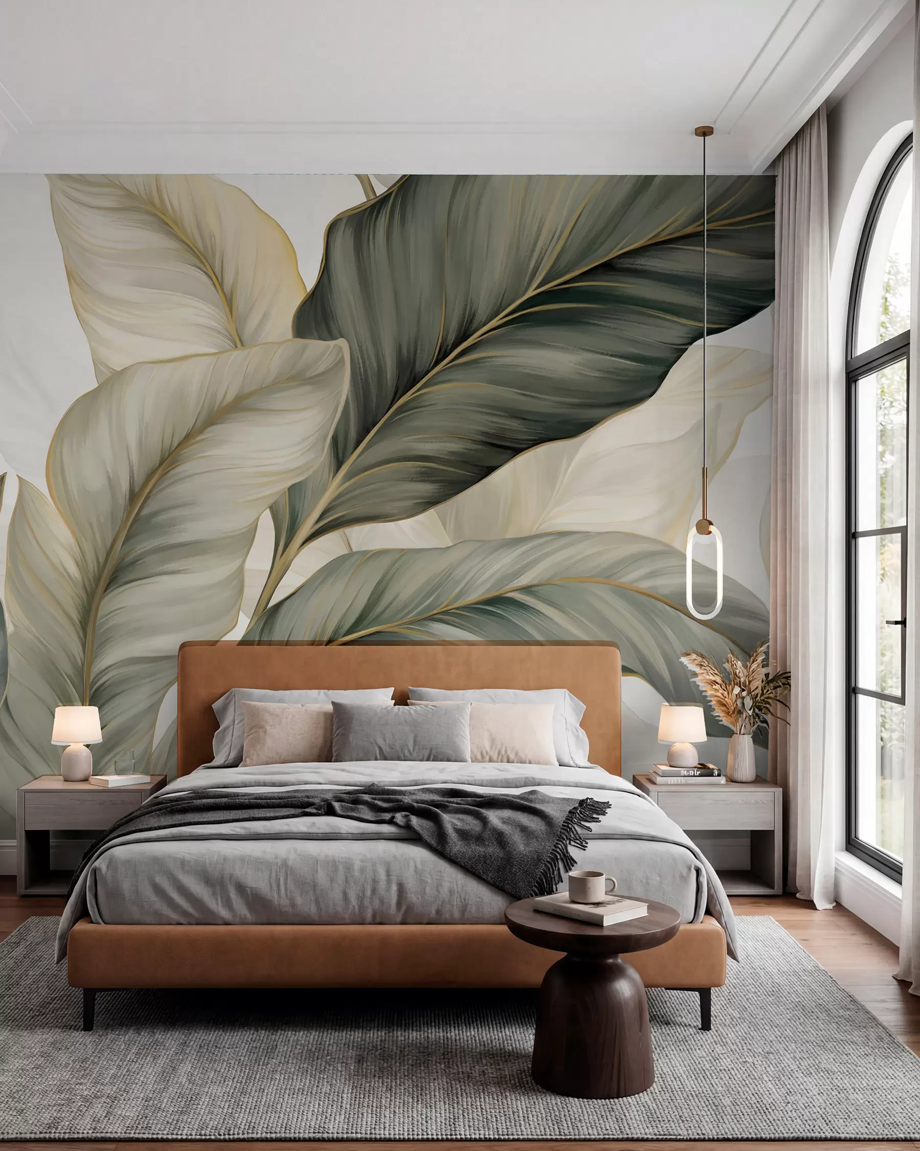 murales de pared Hojas grandes de textura estilizada con venas detalladas en varios tonos de verde, crema y beige w08785