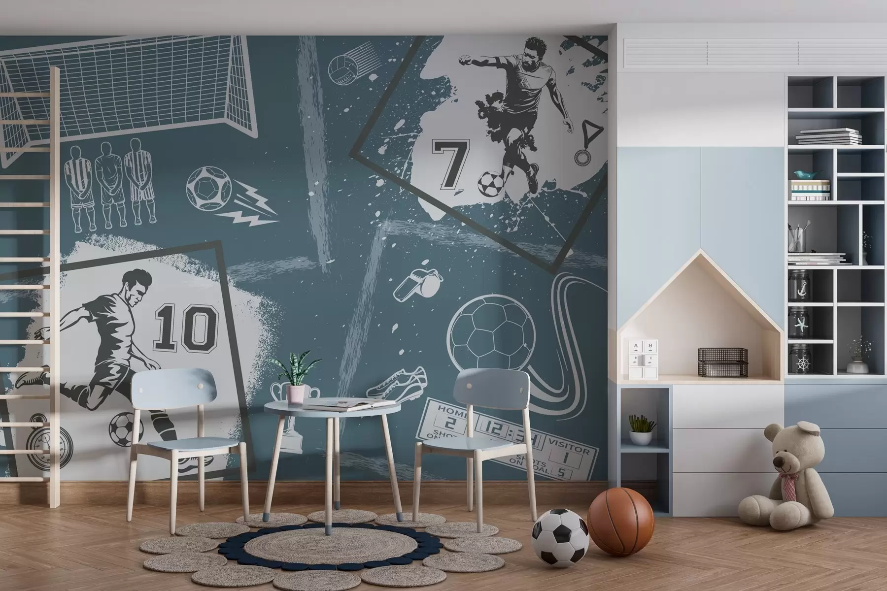 murales de pared Jugadores de fútbol, balón y otros atributos futbolísticos en tonos azules w03122