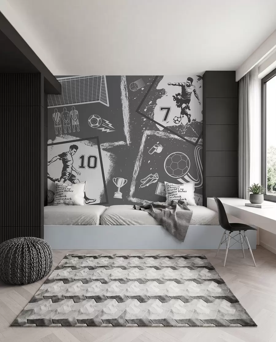 murales de pared Jugadores de fútbol, balón y otros atributos futbolísticos en tonos grises w03122v1