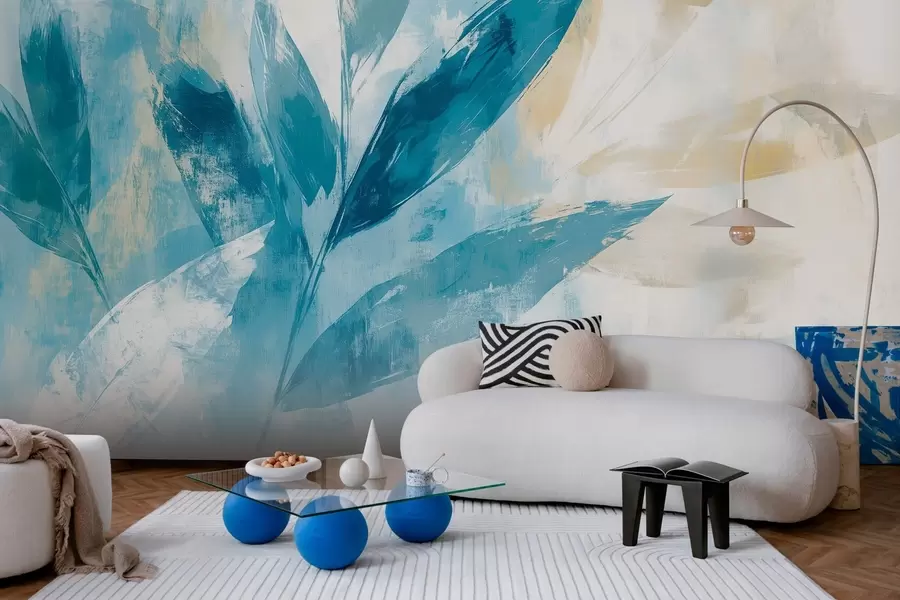murales de pared hojas azules en estilo de trazos abstractos w03109