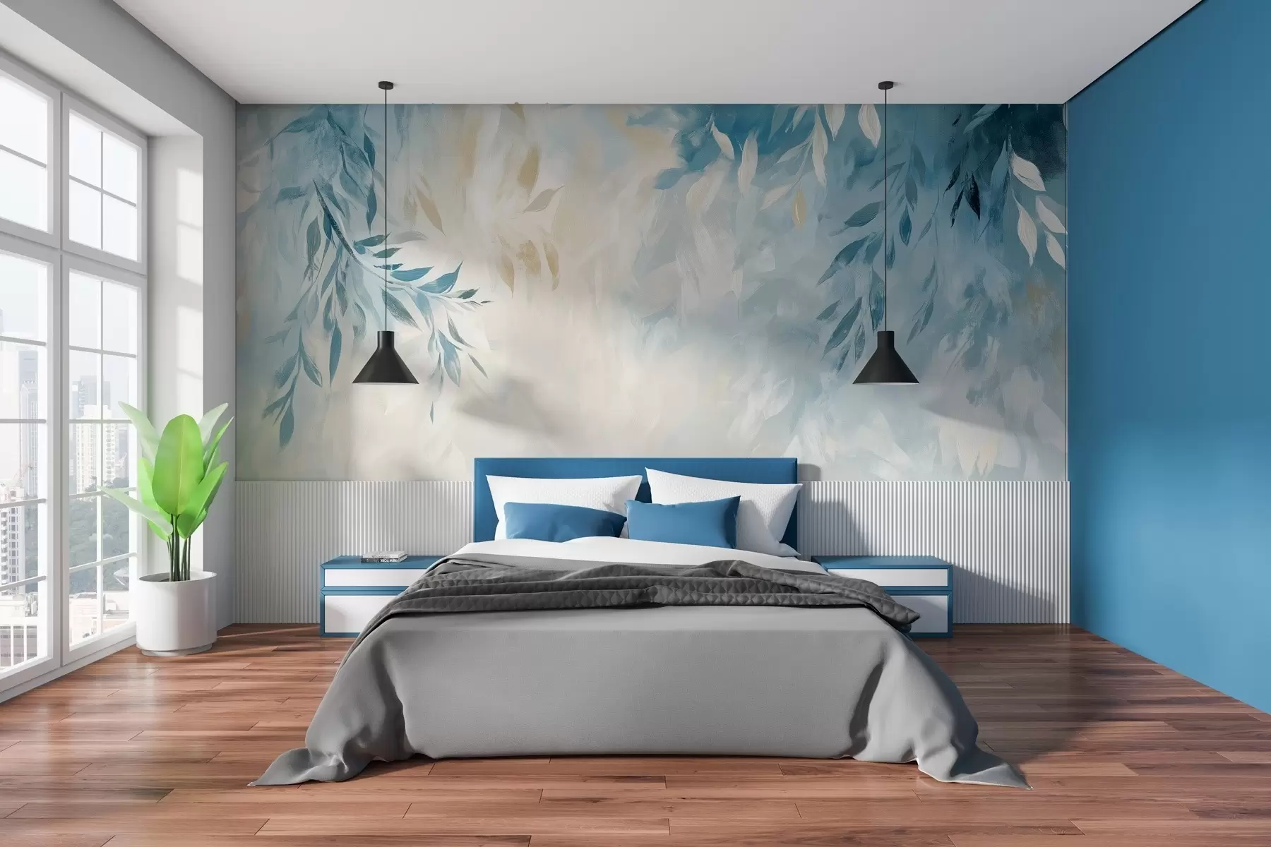 murales de pared hojas azules abstractas con pinceladas al óleo w03114