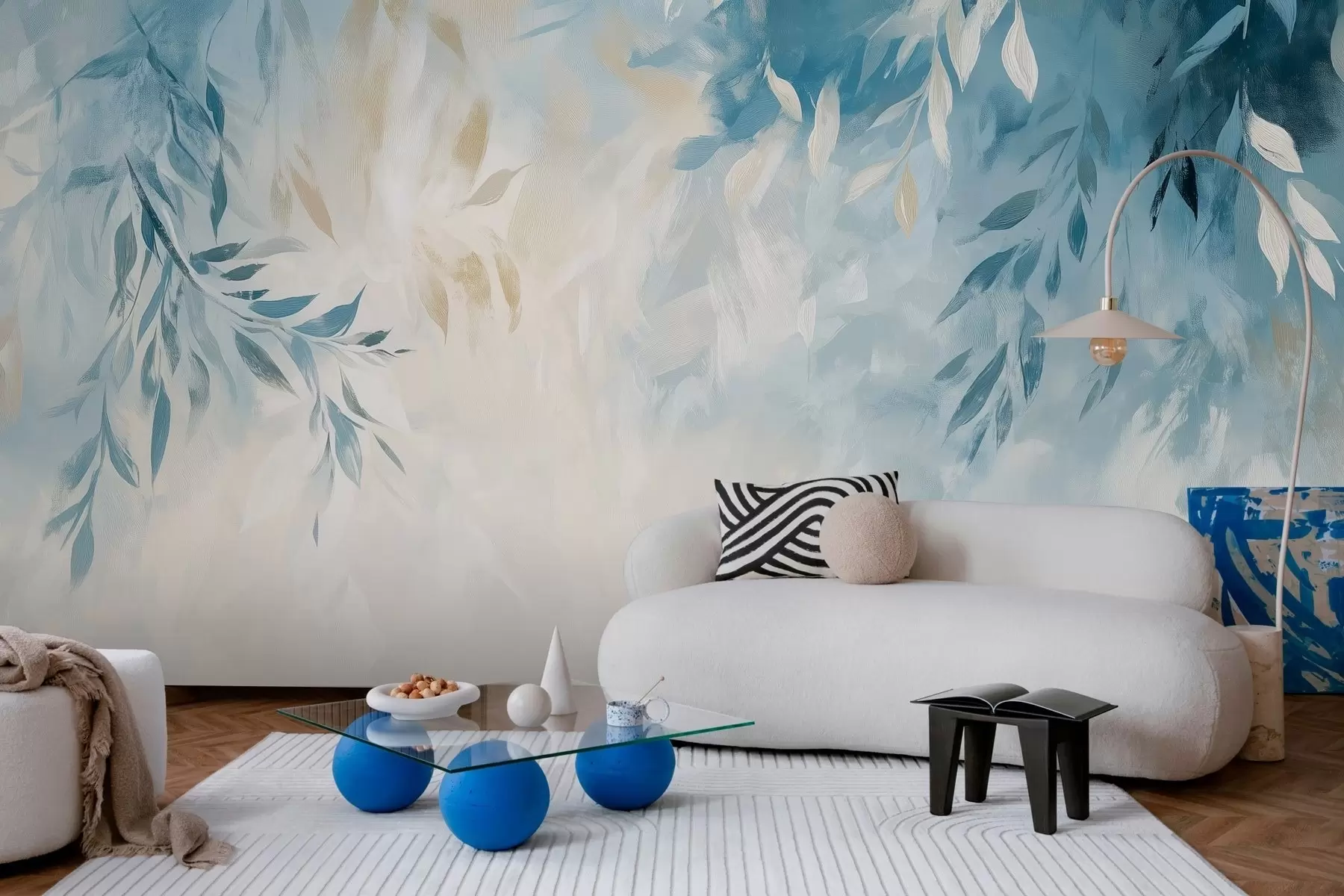 murales de pared hojas azules abstractas con pinceladas al óleo w03114