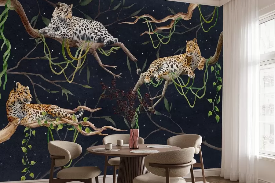 murales de pared Leopardos en los árboles de la selva, lianas, tropicales, animales salvajes, cielo nocturno con estrellas w03148