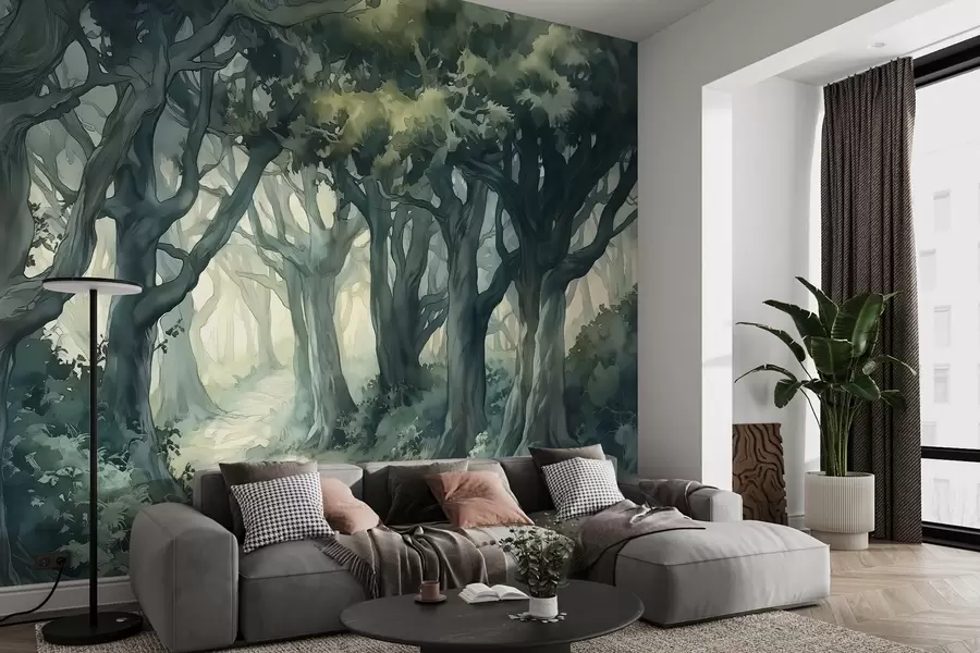 murales de pared Bosque con árboles grandes, spallete color verde, dibujo estilo acuarela w03150