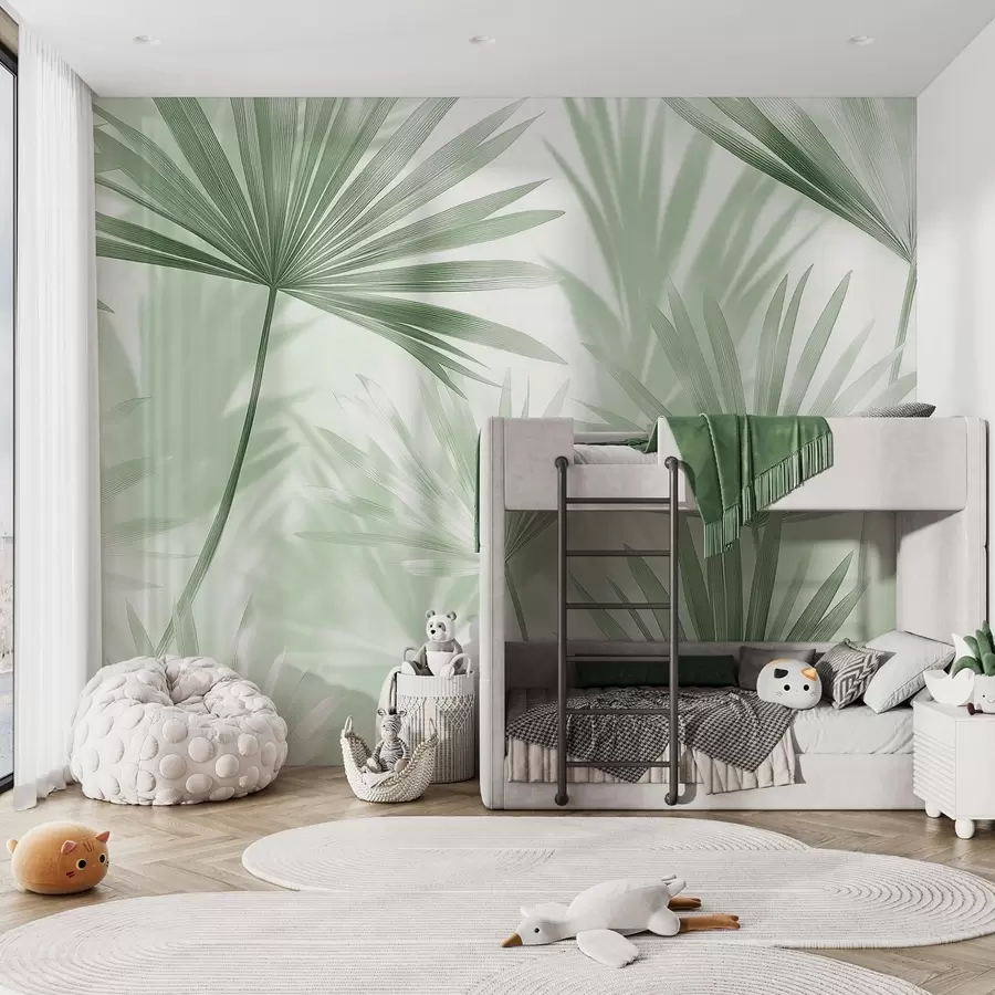 murales de pared Hojas de palmera, motivo floral, minimalismo, tropical, colores verdes w03152v2