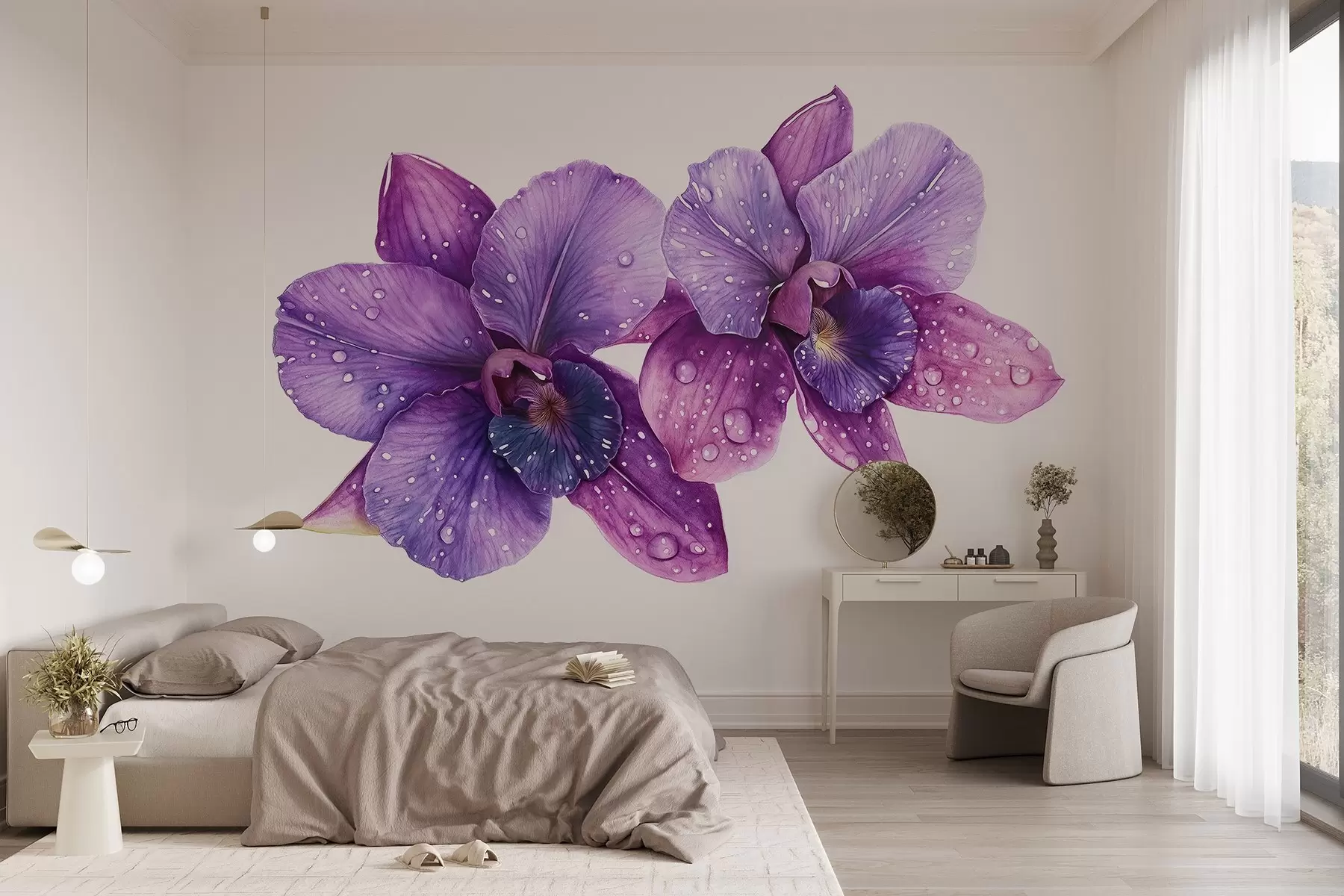 murales de pared Hermosas flores de orquídea, dibujo estilo acuarela, colores violetas w03164