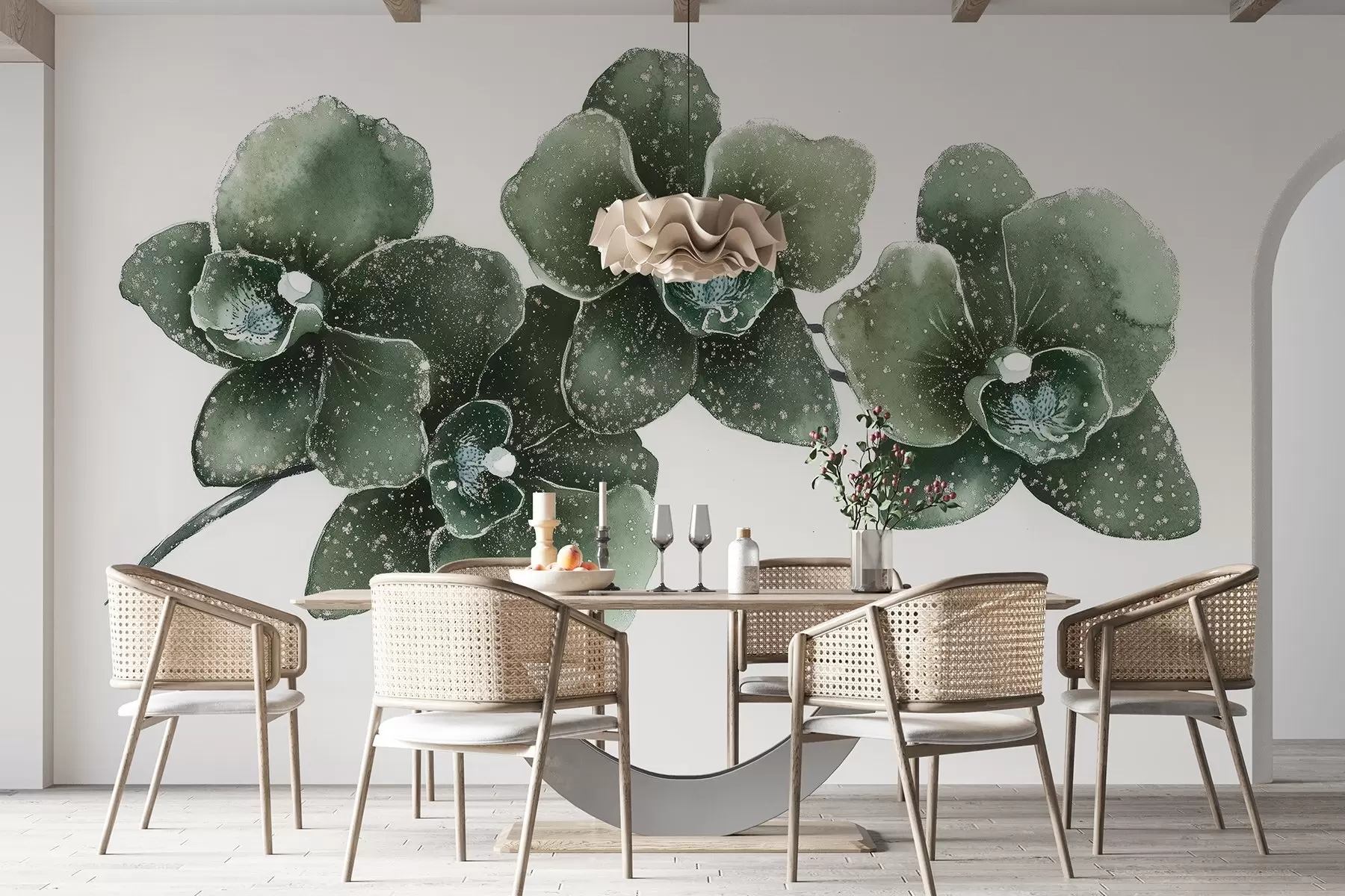 murales de pared Rama de flor de Orhid, estilo acuarela, floral, colores verdes w03165v1