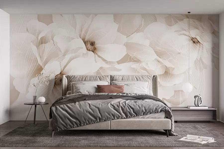 murales de pared Flores de peonía en tonos pastel con delicados pétalos blancos y beige y líneas blancas sobre fondo beige claro w08826v1