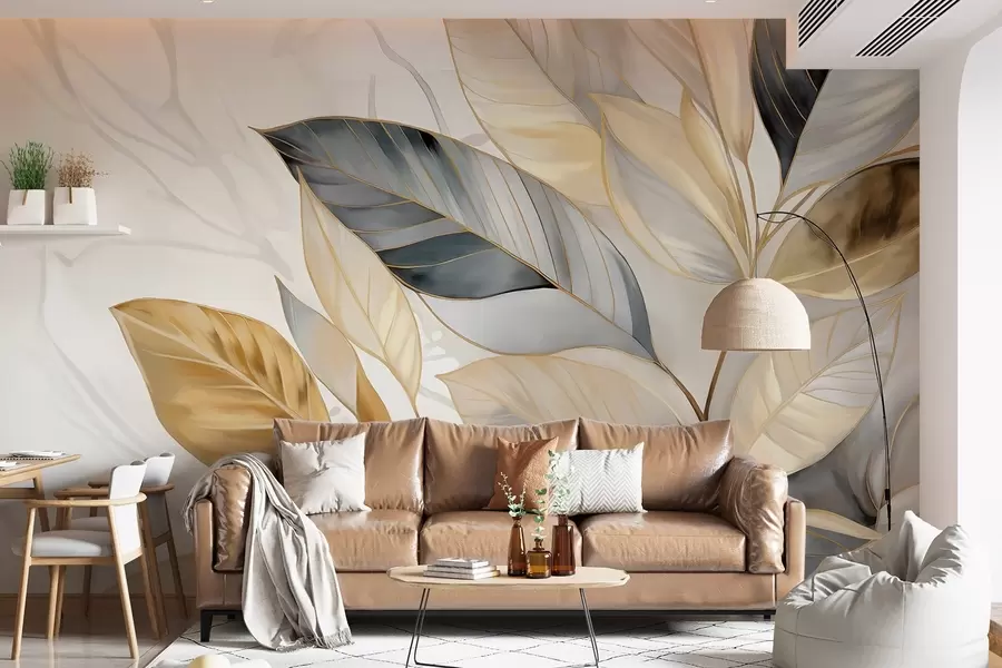 murales de pared Amarillas, grises y blancas delicadas hojas grandes sobre un fondo blanco abstracto con textura w08828