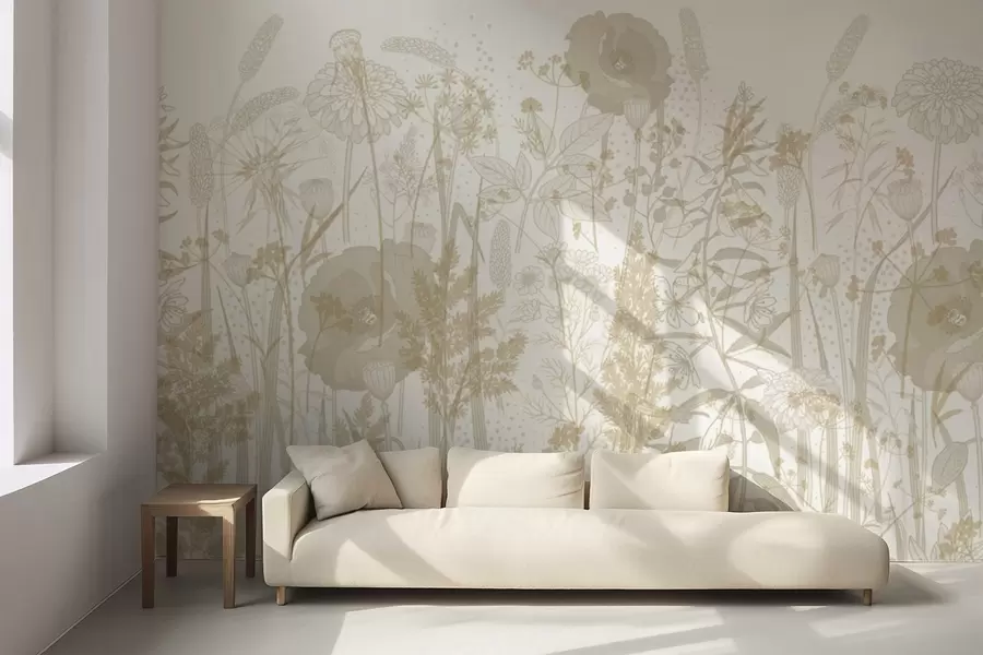 murales de pared Un campo de flores altas y hierba en tonos pastel beige claro sobre fondo blanco w08829v1
