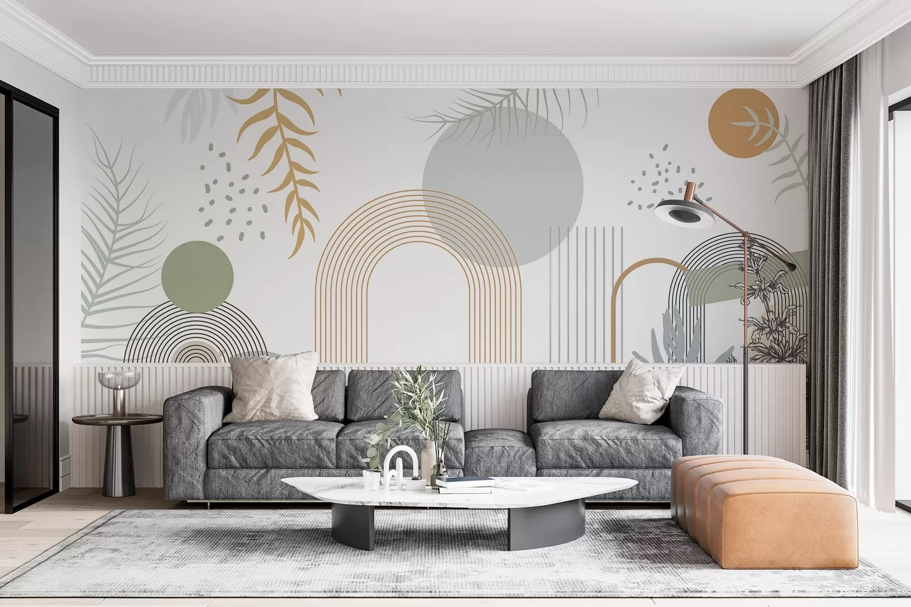murales de pared Estampado abstracto con formas geométricas, arcos y hojas tropicales sobre fondo blanco w08835