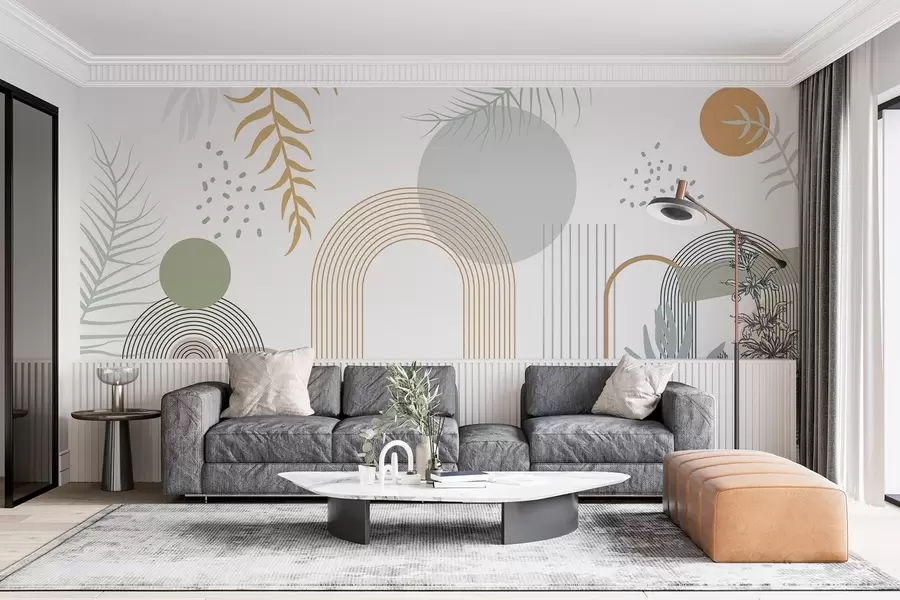 murales de pared Estampado abstracto con formas geométricas, arcos y hojas tropicales sobre fondo blanco w08835