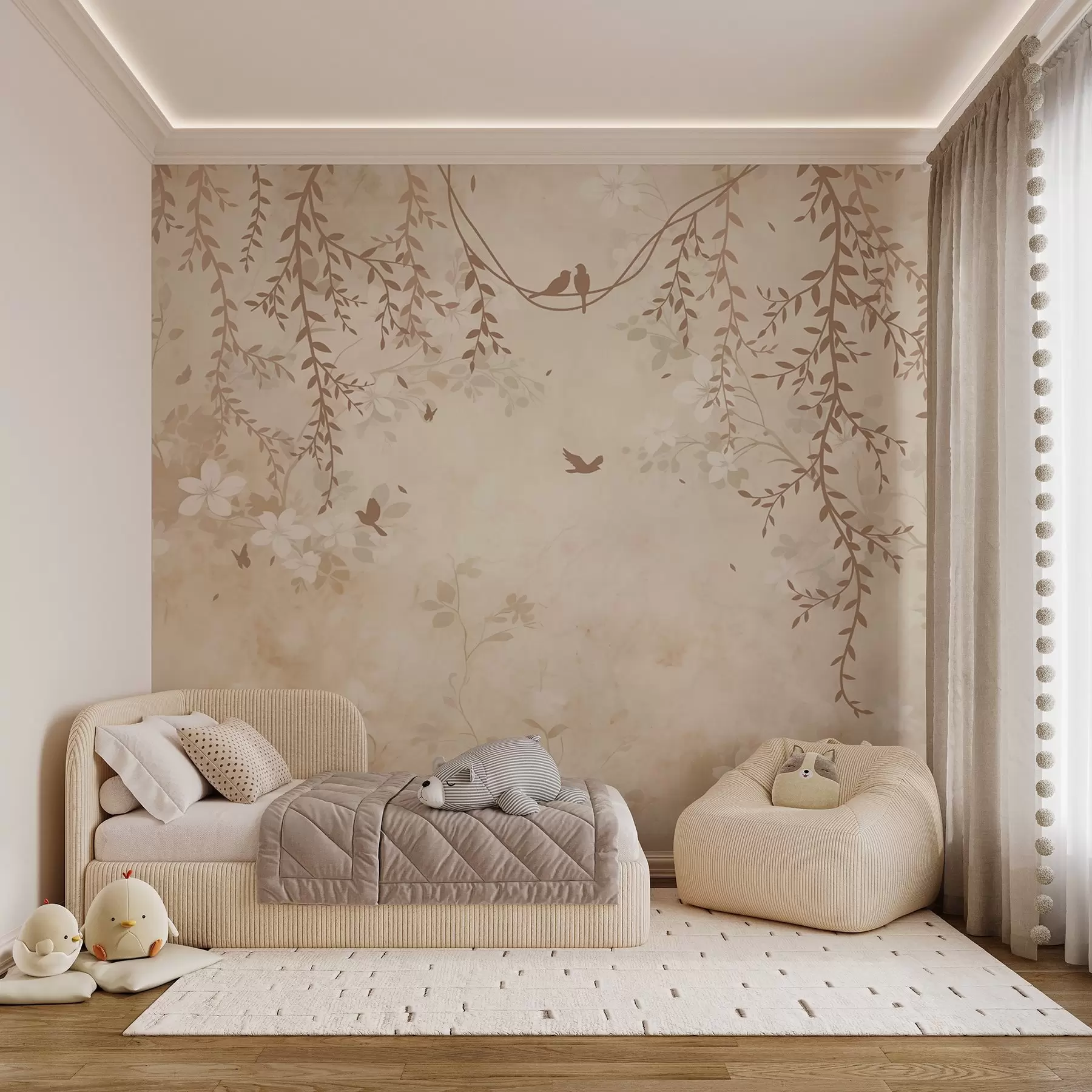 murales de pared Pájaros con plantas colgantes y un motivo floral en tonos beige-crema claro w08809