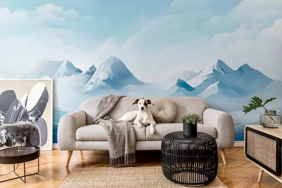 murales de pared Nubes y montañas azules minimalistas, tiempo gélido w08811