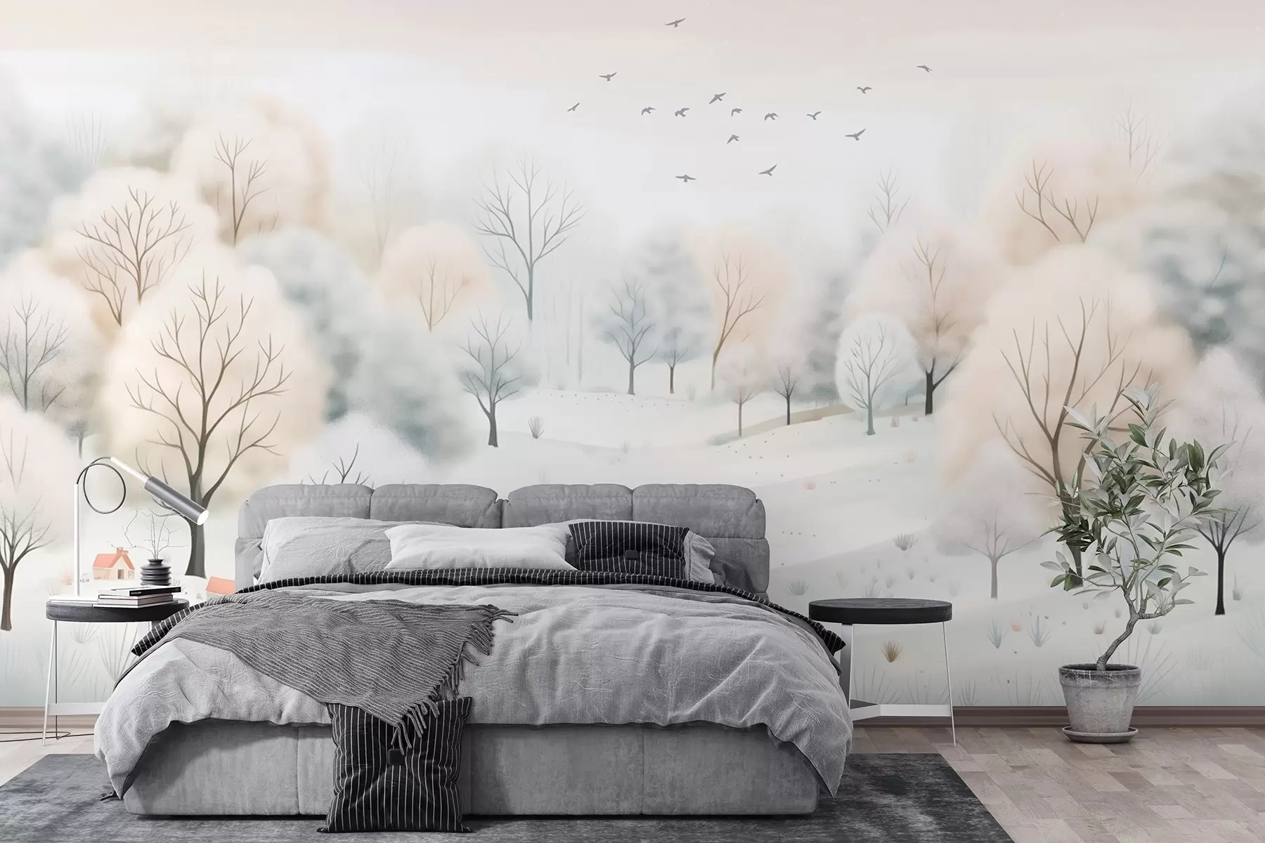 murales de pared Bosque invernal con árboles, casitas, pájaros y nieve en estilo acuarela ligera w08815