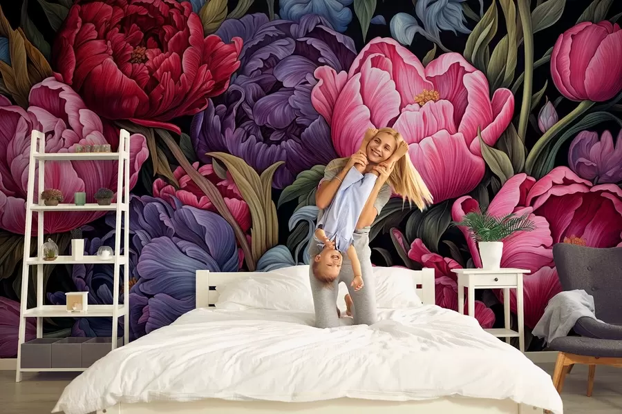 murales de pared Tulipanes y peonías de estilo victoriano, en colores rosa y morado w08818