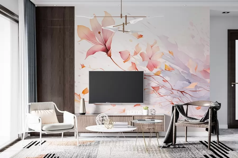 murales de pared Una flor con pétalos que caen revoloteando al viento en estilo acuarela w08821