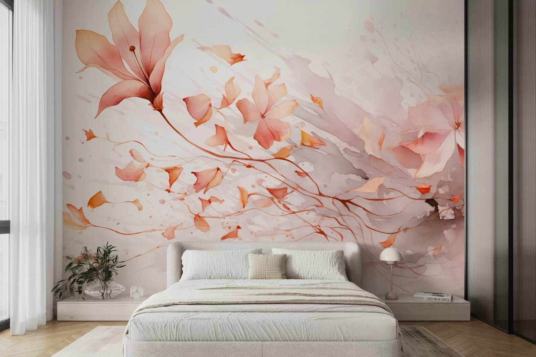 murales de pared Una flor con pétalos que caen en estilo acuarela en tonos cálidos w08821v1