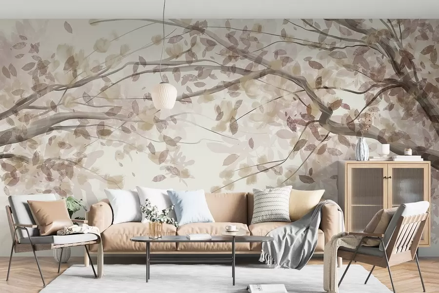 murales de pared Ramas en flor con hojas beige, colores suaves, detalles delicados, estilo acuarela, sobre fondo claro w08867v1