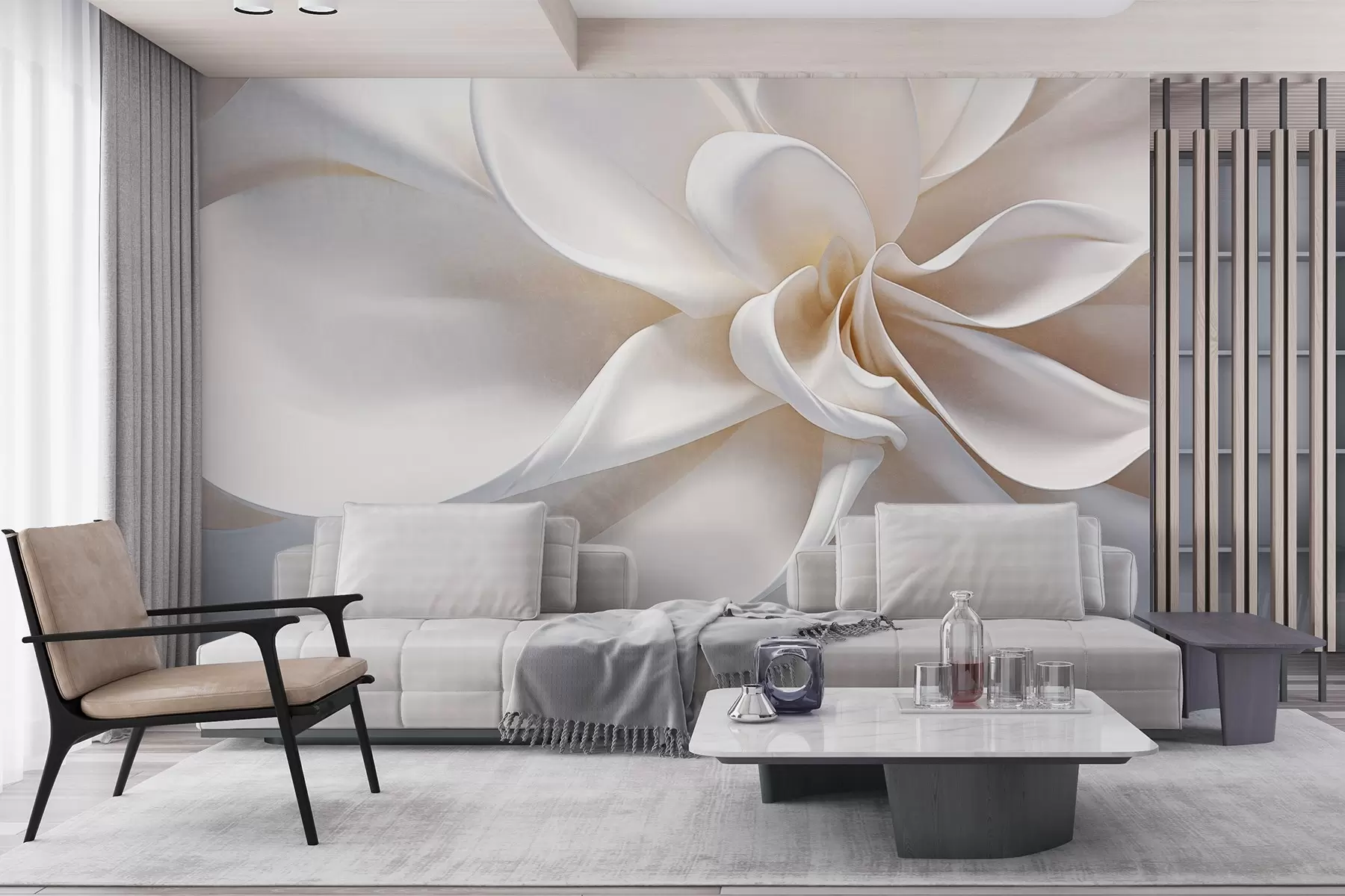 murales de pared Flor minimalista de textura pastel con pétalos suaves, ligera y aireada, sobre fondo blanco w08868