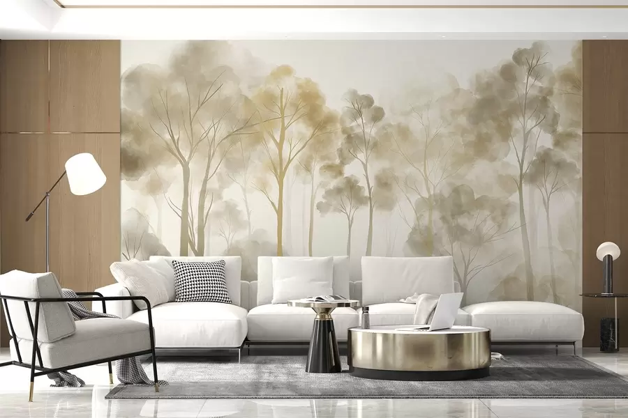 murales de pared Bosque estilo acuarela con altos árboles claros en tonos beige y amarillo, con una atmósfera de niebla w08870