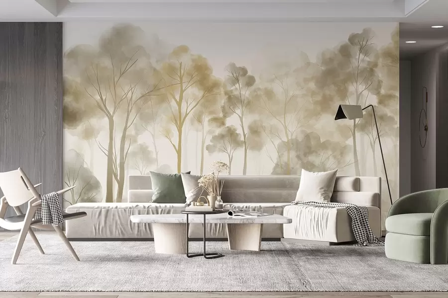murales de pared Bosque estilo acuarela con altos árboles claros en tonos beige y amarillo, con una atmósfera de niebla w08870