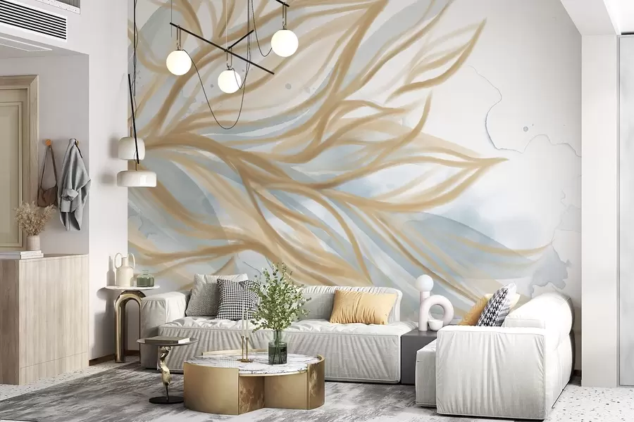 murales de pared Abstracto hojas amarillas con fondo de acuarela azul, suave y delicado, formas orgánicas, líneas fluidas w08871