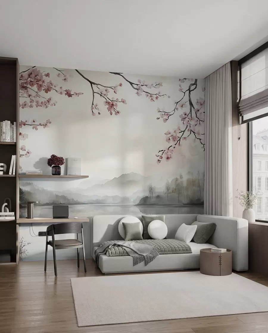 murales de pared tranquilo paisaje en acuarela con un lago y un árbol en flor w03282