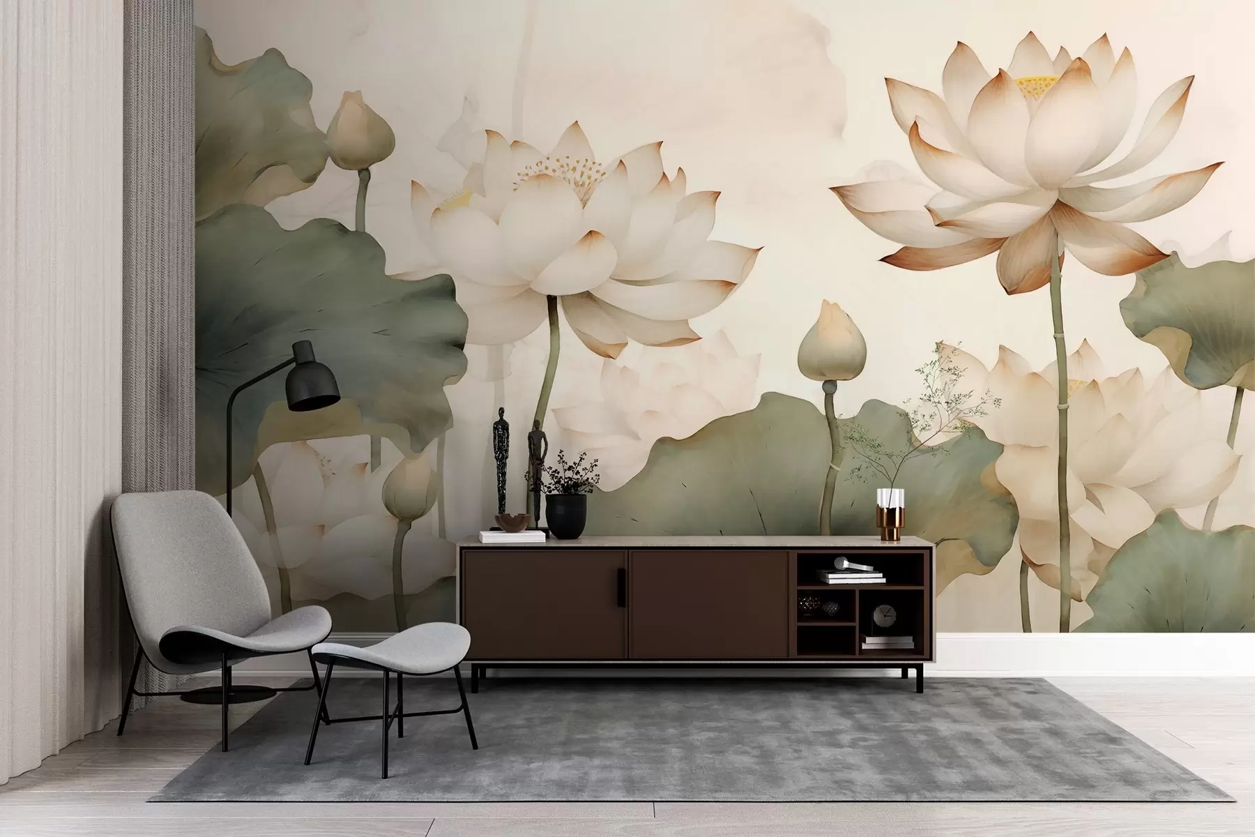 murales de pared Elegante ilustración en acuarela con delicadas flores de loto y un suave fondo natural w03322