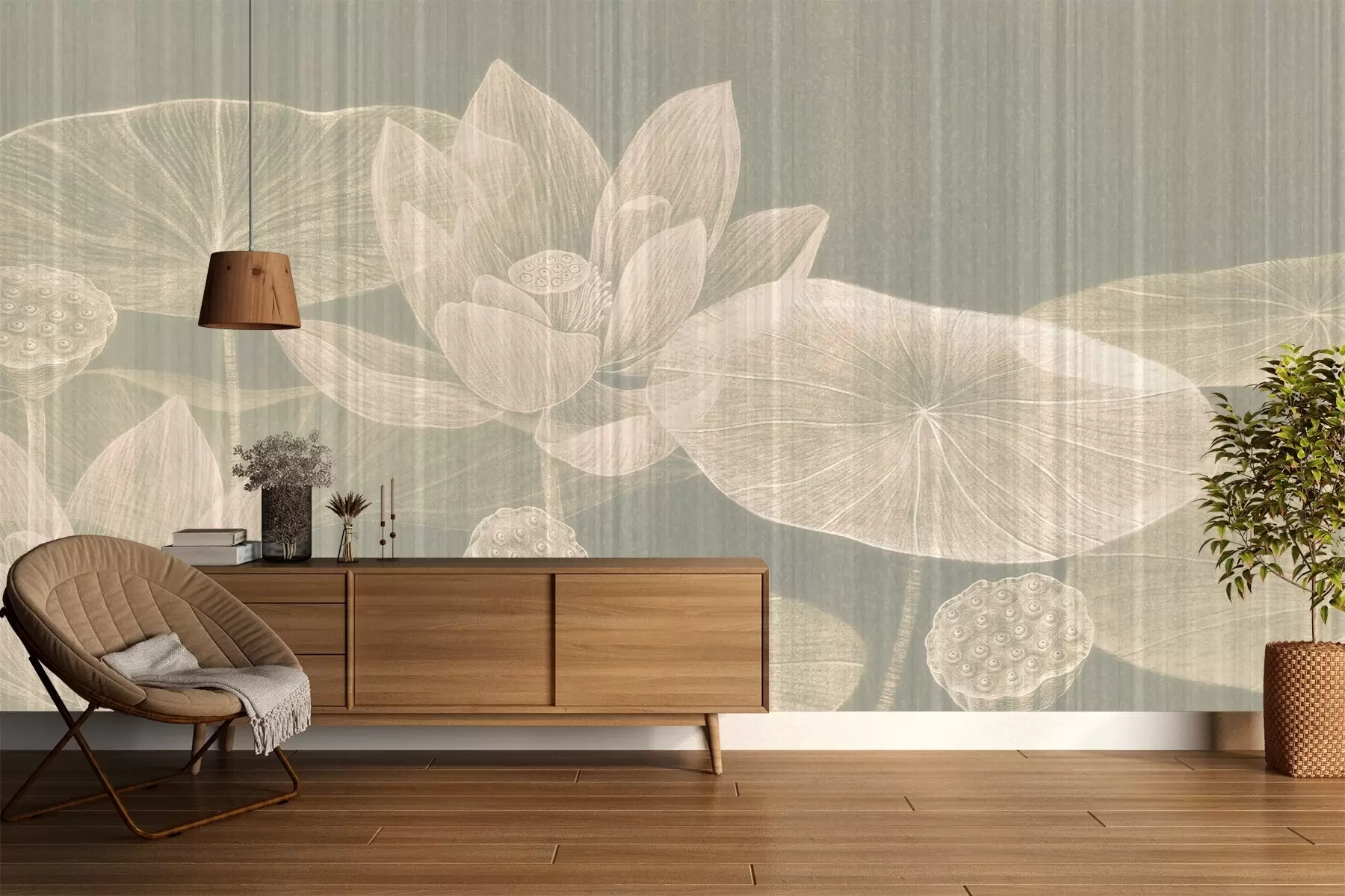 murales de pared Elegante ilustración de lotos y nenúfares en tonos pastel con efecto de lino texturizado, w03324