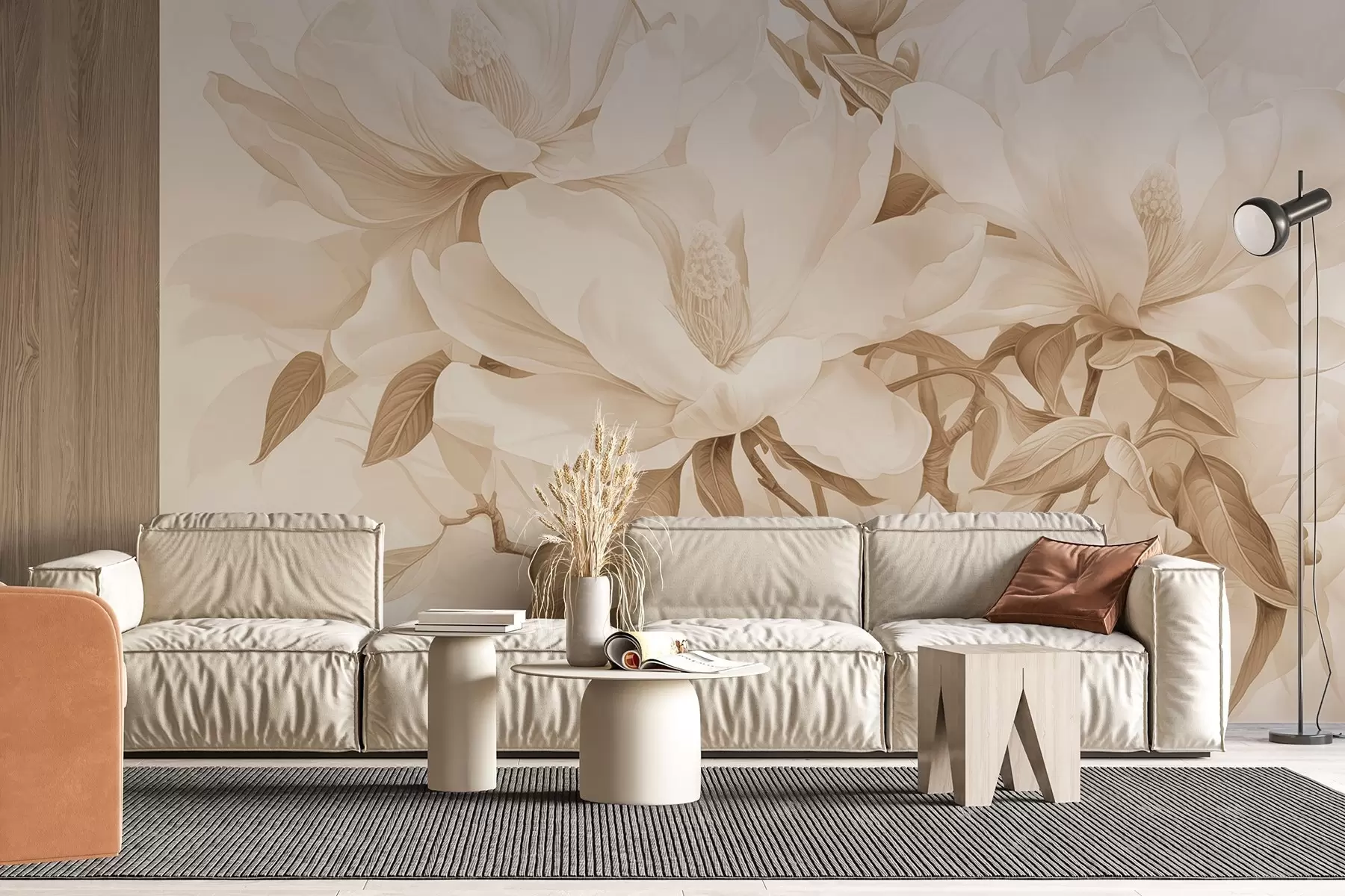 murales de pared Flores de magnolia con pétalos blancos y beige, hojas y ramas marrones, estilo acuarela suave y delicada w08886