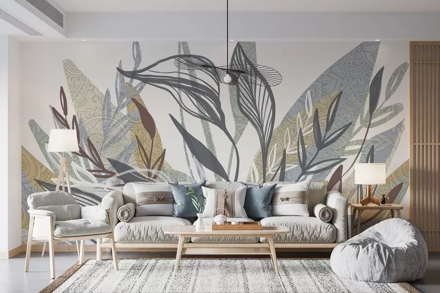 murales de pared Una colección de hojas de diferentes colores y tamaños, algunas con arte lineal, sobre fondo blanco w08893