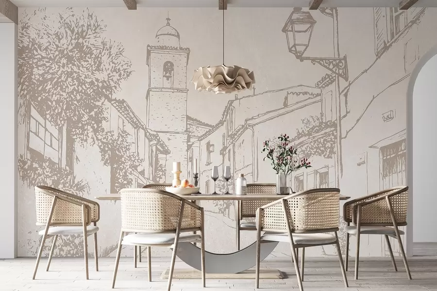 murales de pared Calle de la ciudad, hermosa arquitectura, edificios, Mediterráneo, colores beige w03346