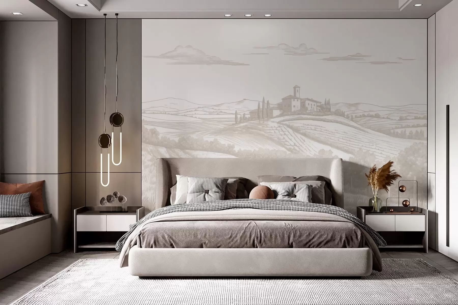 murales de pared Paisajes de la Toscana, Italia, viñedos, naturaleza, castillo antiguo, colores beige w03349