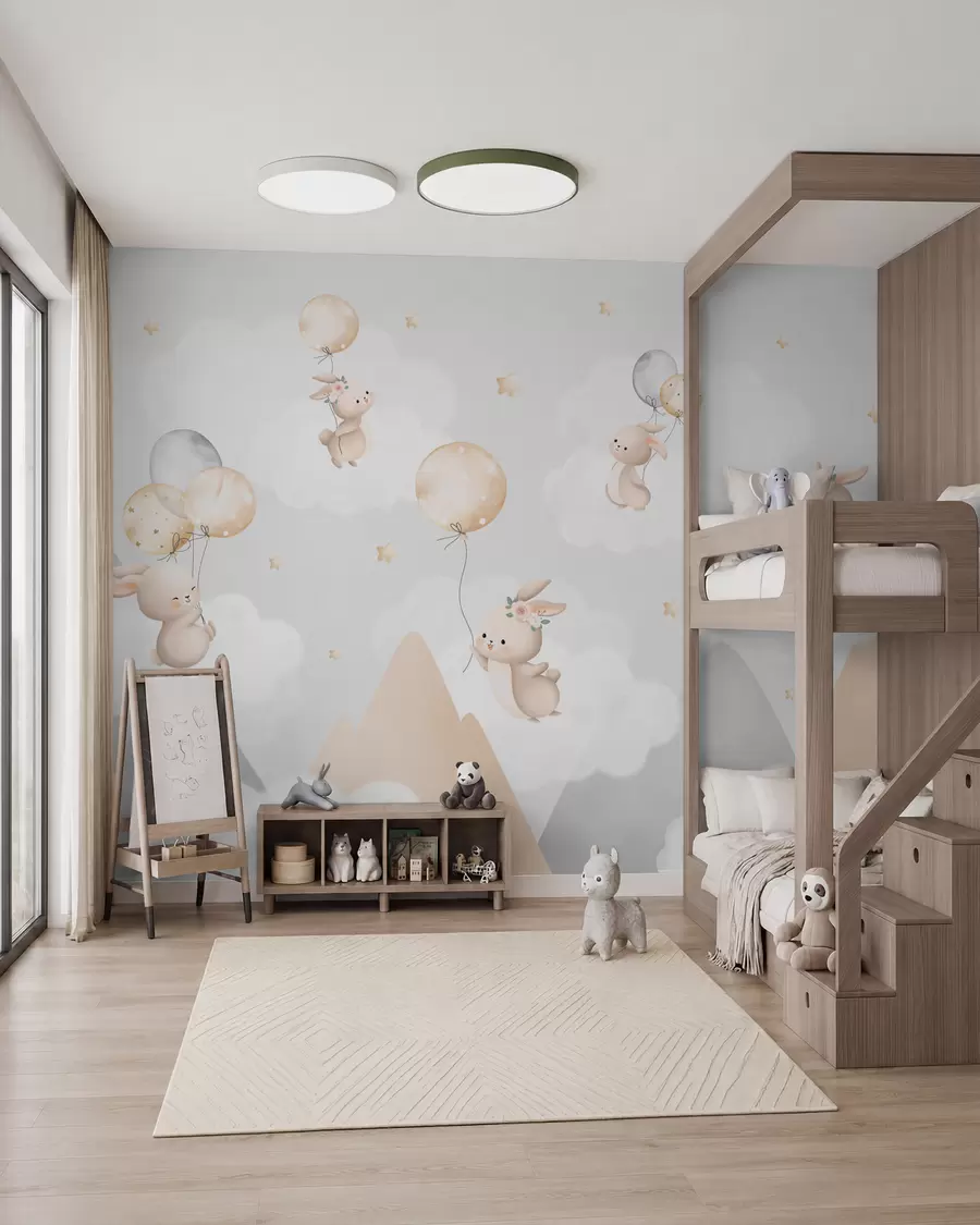murales de pared Conejitos con globos sobre nubes entre picos montañosos w03375v1