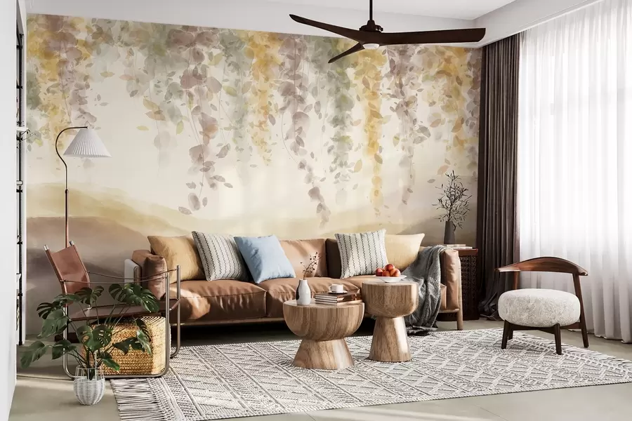 murales de pared Hojas de glicina colgando sobre montañas azuladas, suaves colores pastel amarillos y marrones, paisaje estilo acuarela w08909v1