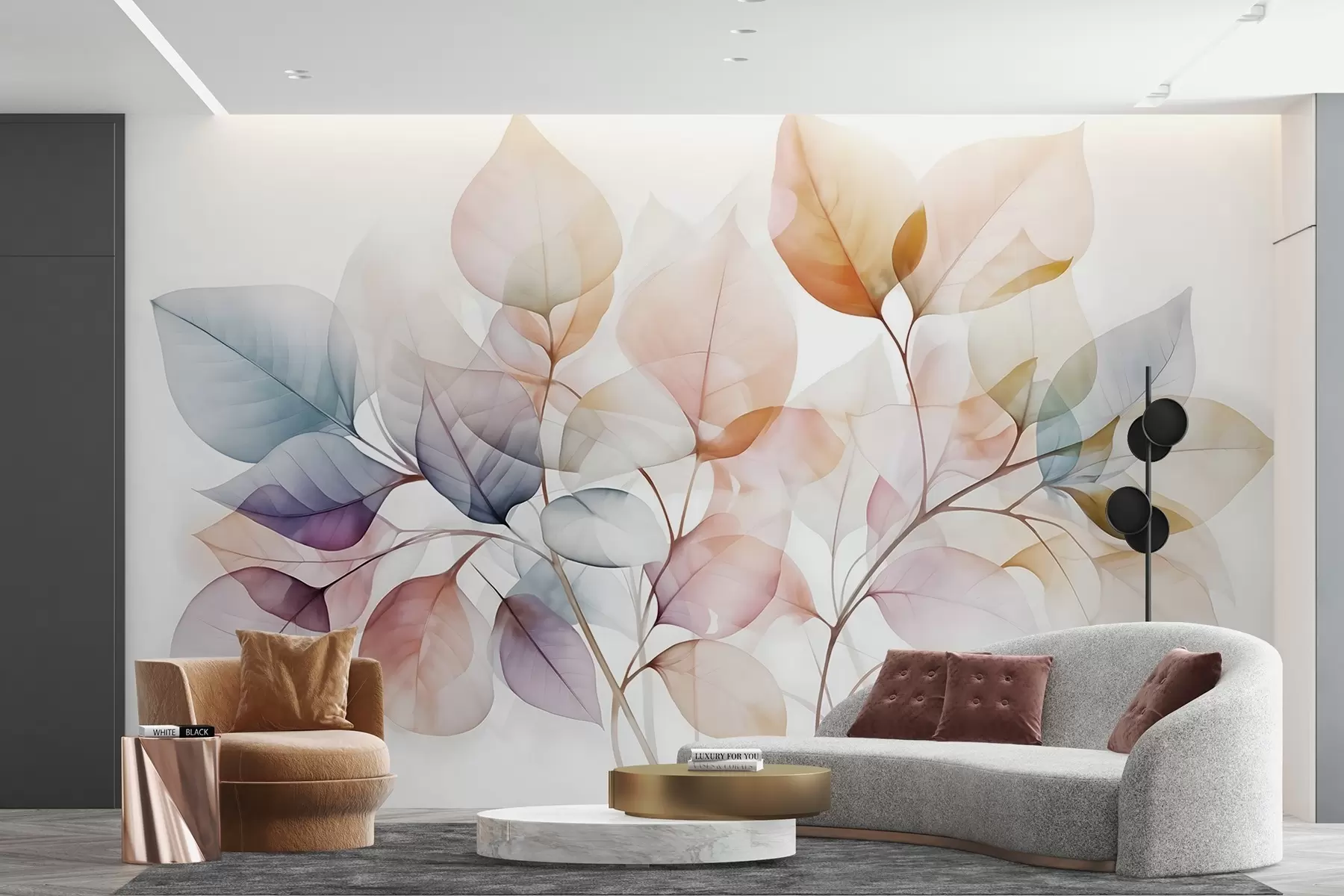 murales de pared Pintura en acuarela de hojas translúcidas en colores pastel, con tonos rosas, blancos, morados y azules w08910