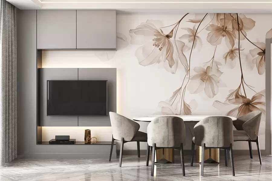 murales de pared Flores beige con pétalos translúcidos colgando de una rama, beige y blanco, composición minimalista de arte moderno w08911v1