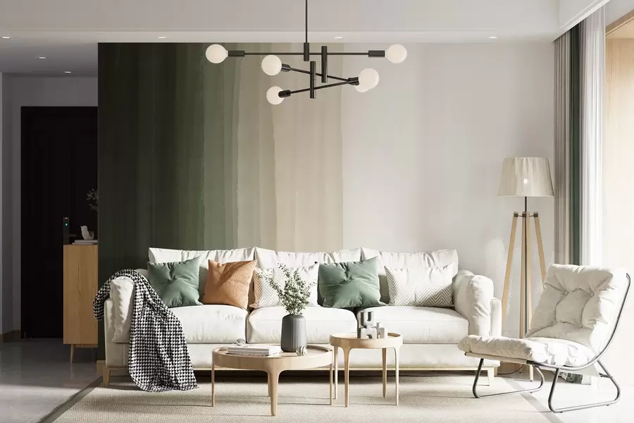 murales de pared Estampado abstracto minimalista degradado con rayas verticales de color verde oscuro, beige y blanco  w08915