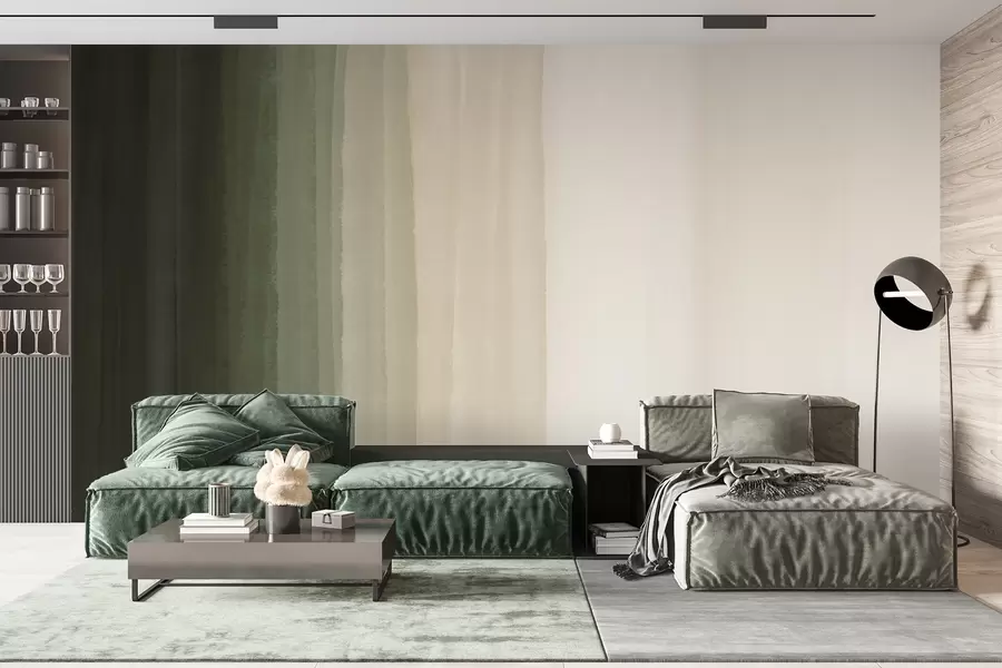 murales de pared Estampado abstracto minimalista degradado con rayas verticales de color verde oscuro, beige y blanco  w08915