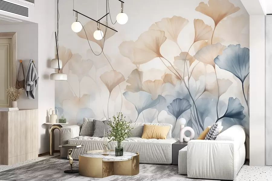 murales de pared Hojas de ginkgo en acuarela azul y naranja, pétalos translúcidos, tallos delicados, paleta de colores suaves w08917