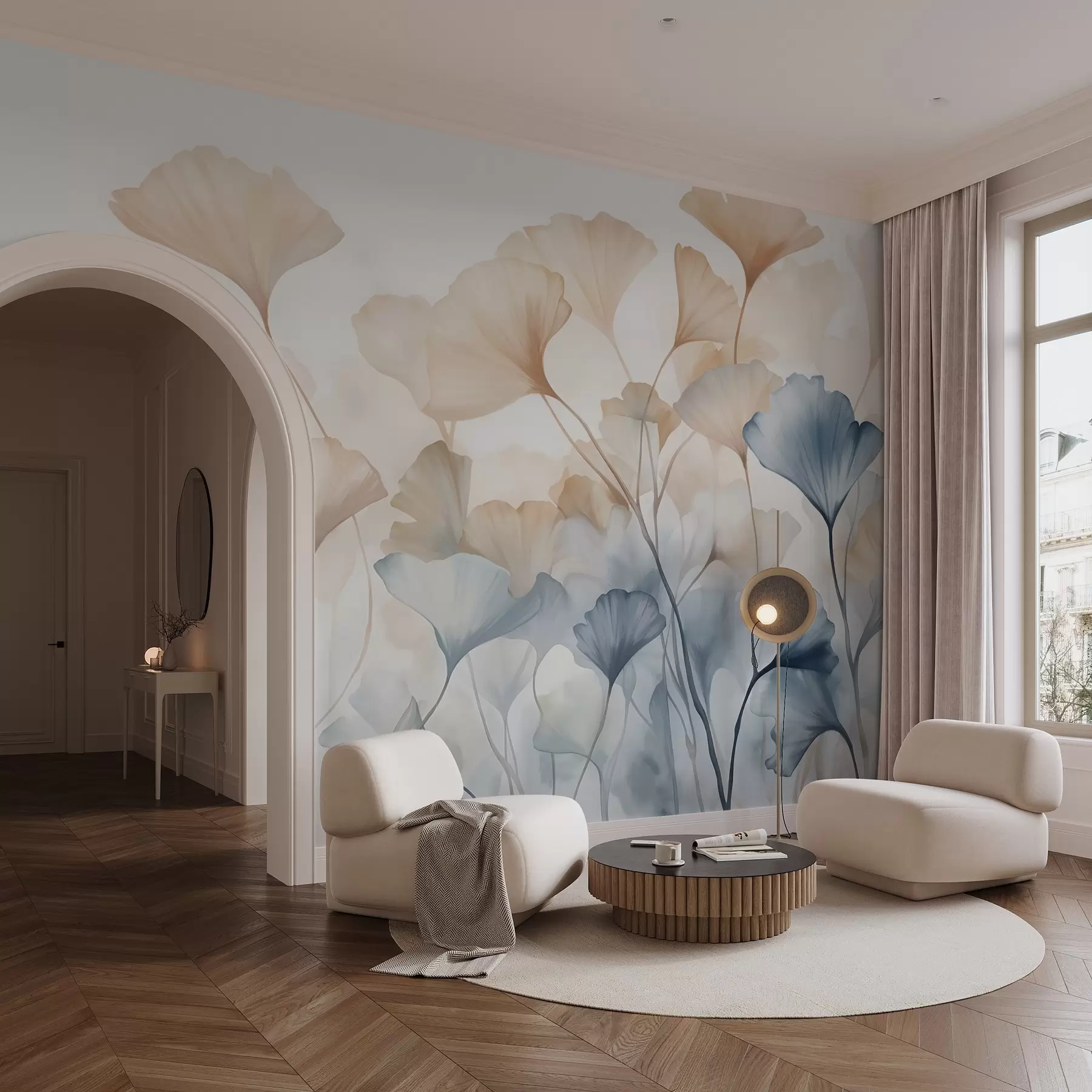 murales de pared Hojas de ginkgo en acuarela azul y naranja, pétalos translúcidos, tallos delicados, paleta de colores suaves w08917