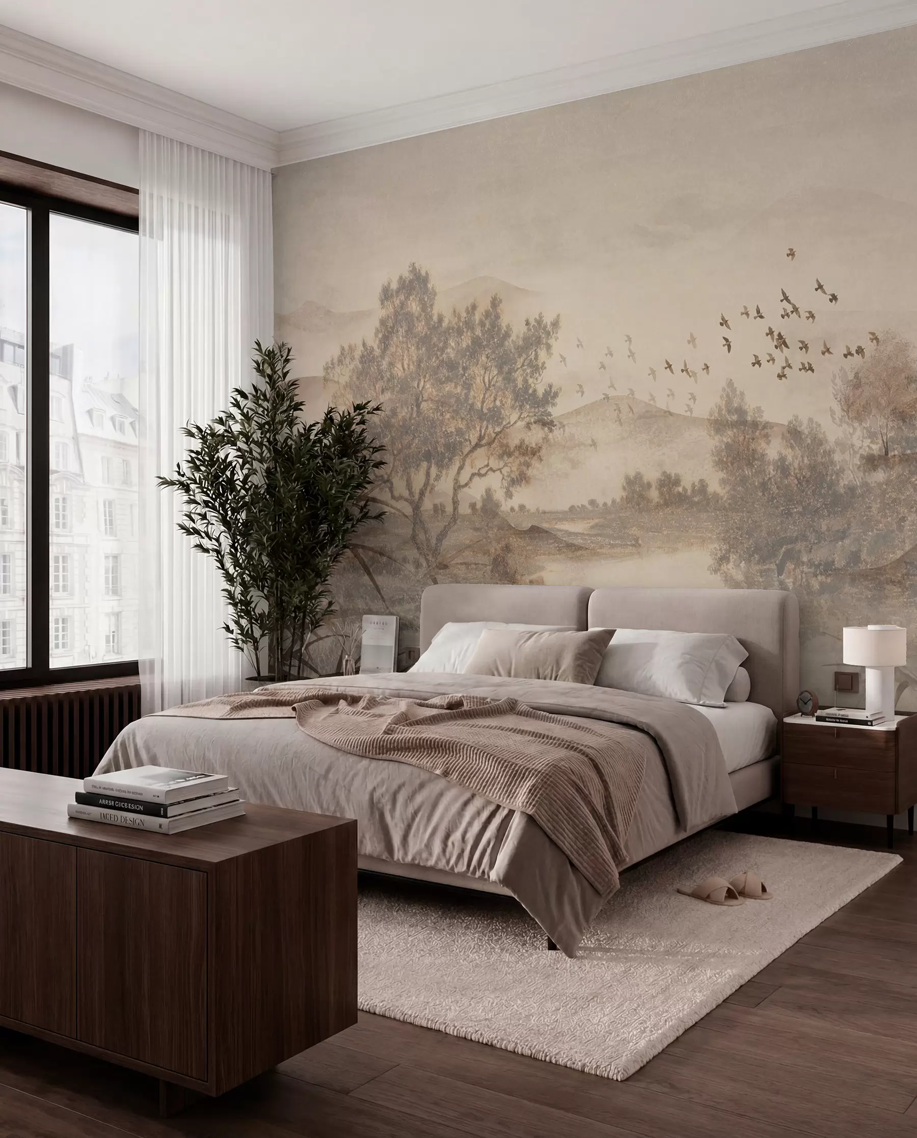 murales de pared Paisaje vintage texturizado con un árbol cerca de un río y un cielo nublado, arte de la naturaleza en tonos sepia w08920