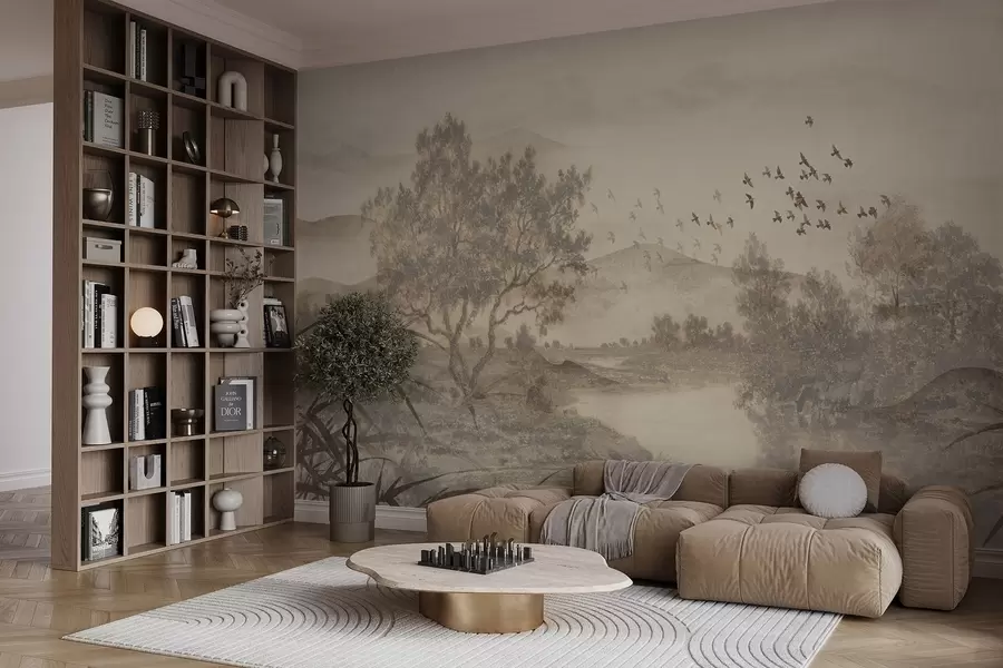 murales de pared Paisaje vintage texturizado con un árbol cerca de un río y un cielo nublado, arte de la naturaleza en tonos sepia w08920