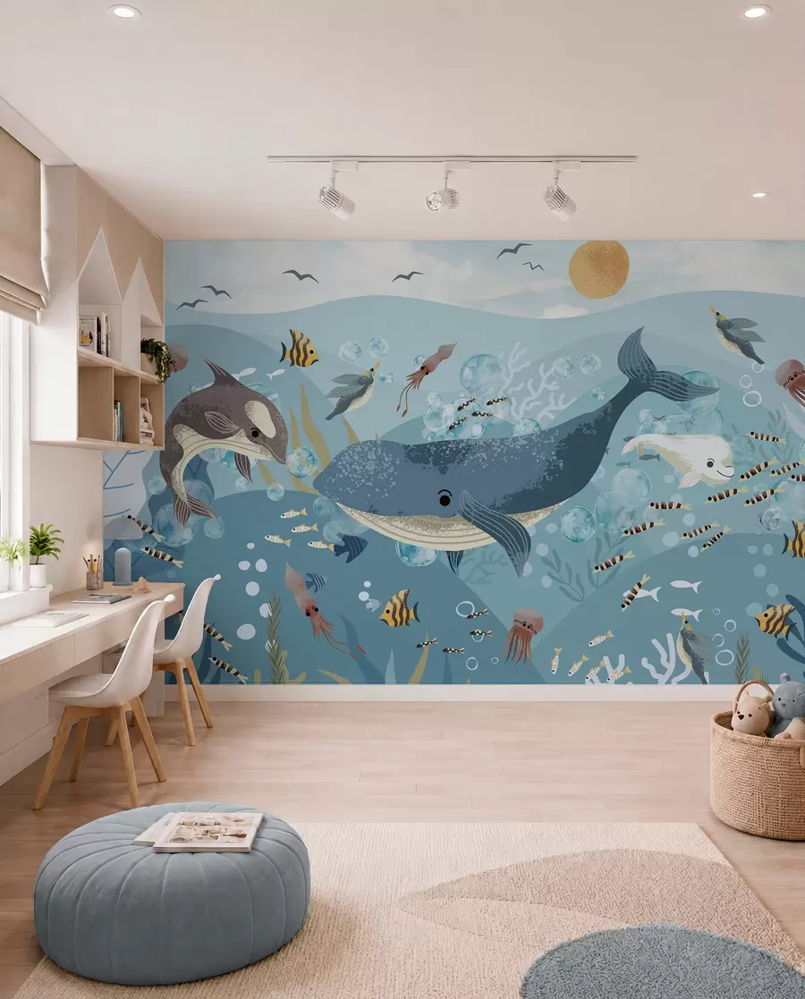 murales de pared Ilustración infantil linda impresión con ballena azul rodeada de peces, calamares, medusas en un océano azul con burbujas w08921