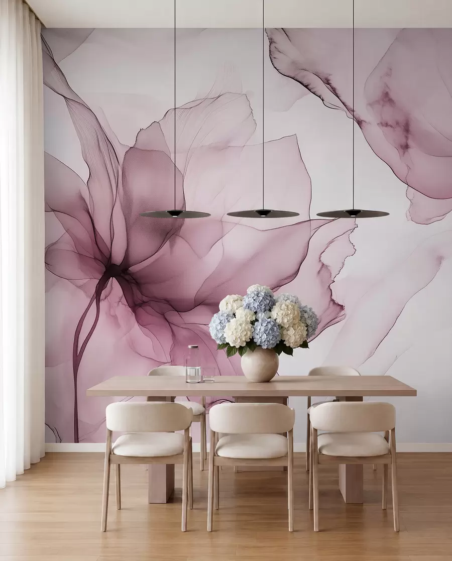 murales de pared Flores de estilo fluido, abstracción floral, acuarela, paleta de colores rosa  w03406v1