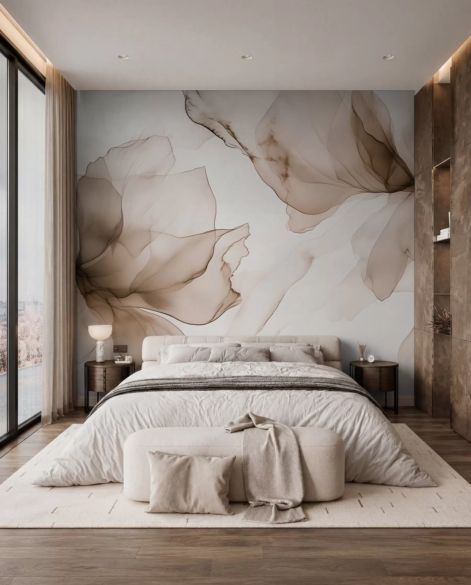 murales de pared Flores de estilo fluido, abstracción floral, acuarela, paleta de colores beige  w03406v3